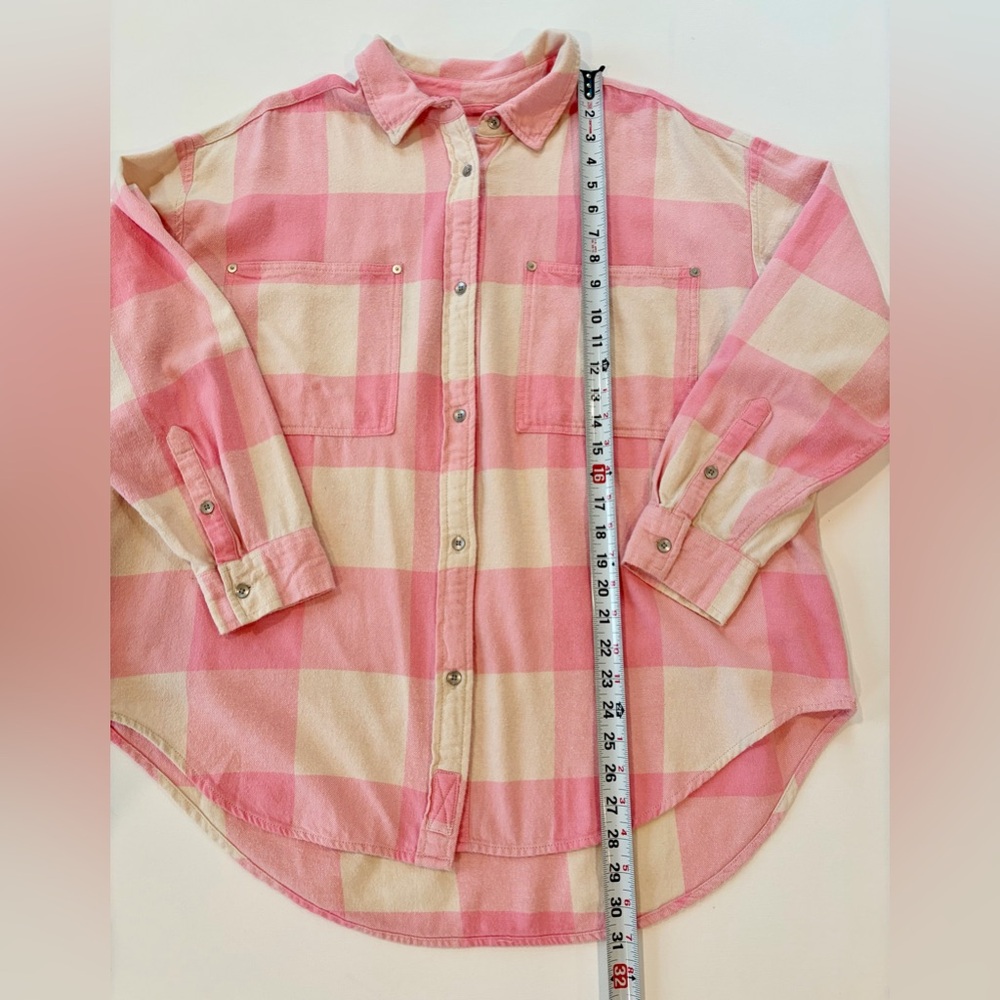 aerie Anytime Layering Oversized 100% Cotton Plaid Pink Cream Button Down - Picture 2 of 14